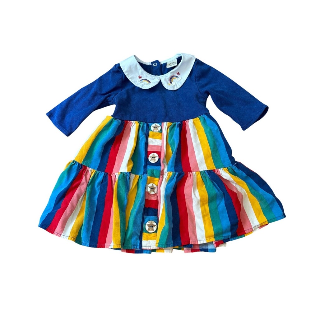 Wildflowers Rainbow Striped Tiered Dress Kids Blue Peter Pan Collar SIZE 2